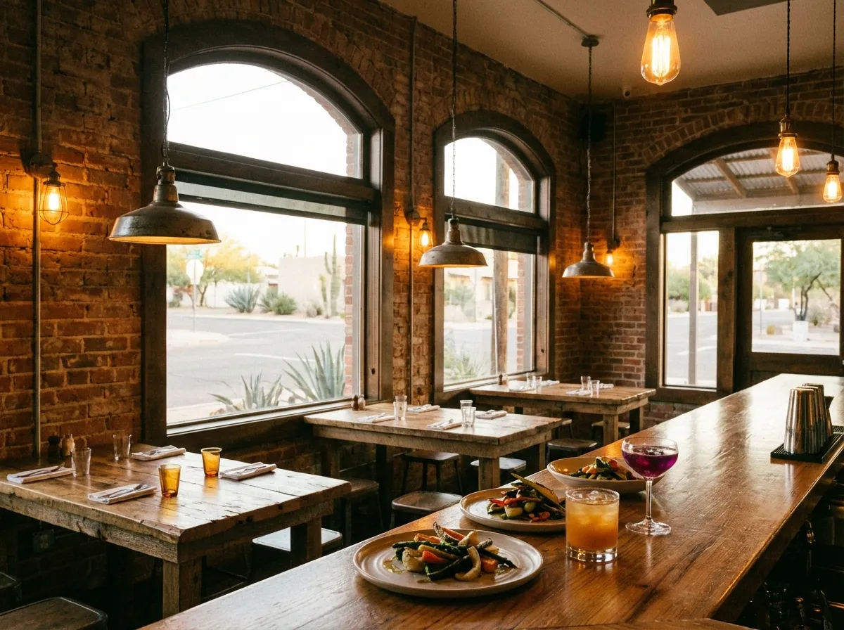 Farm-to-table restaurant interior with exposed brick and craft cocktails